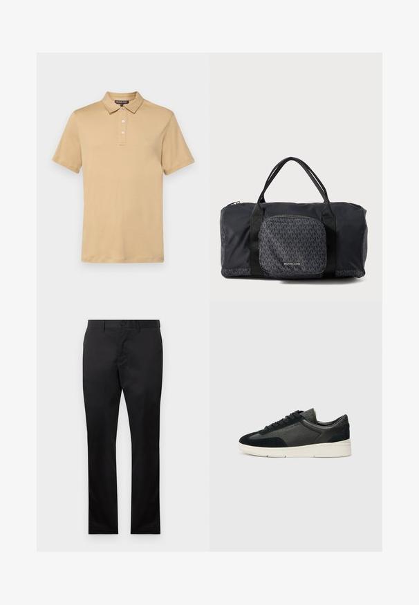 Beež polo särk, mis on valmistatud puuvillast, klassikalise krae, kolme nööbiga, lühikeste varrukatega ja rinnal tikitud logoga.; Mustad puuvillased püksid sirge jala disainiga, millel on ees nööp sulgemine ja küljetaskud, sile tekstuur, nähtavad mustrid puuduvad.; Madala kraaniga tennisetossud, millel on musta suedi ja tekstureeritud naha kombinatsioon, valge kummist tall ja mustad laced. Külje peal on õrn bränding.; Must 黑色 Michael Kors duffel kott, kahekordsete käepidemetega, eesmine tõmblukuga tasku, kus on korduv MK logo muster ja Michael Korsi brändimine.