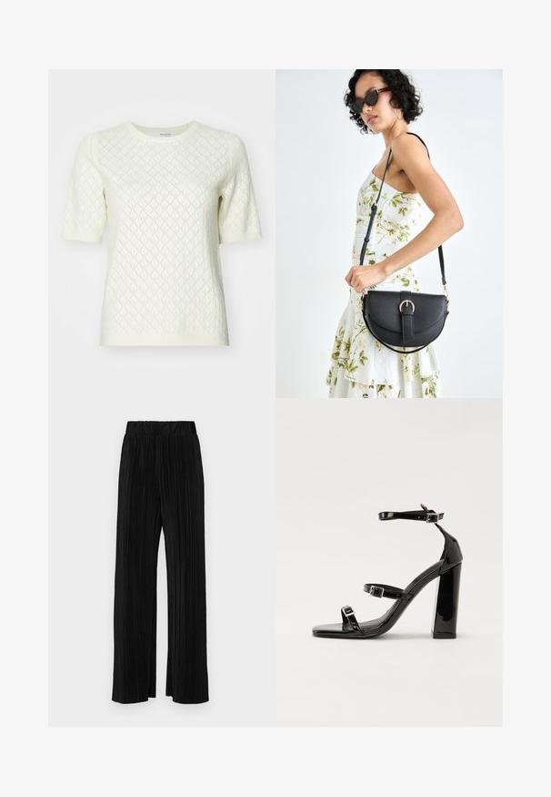 Krēmkrāsas īsām piedurknēm džemperis ar faktūru dimantu rakstu. Ar apaļu kakla izgriezumu un ribotiem maliņām. Izgatavots no viegla adīta auduma.; Melni plīšu bikses ar elastīgu jostu. Tām ir platākas kājas un gluda, teksturēta auduma ar vertikālām svītrām.; Melni lakoti augstpapēžu sandales ar divām sprādzēm, kvadrātveida purngalu un masīvu papēdi, ar gludu, spīdīgu virsmu.; Melnas ādas rokassoma ar izliekta formu, noņemamu siksnu un zelta aksesuāriem. Somai ir vāciņš ar sprādzes detaļu.