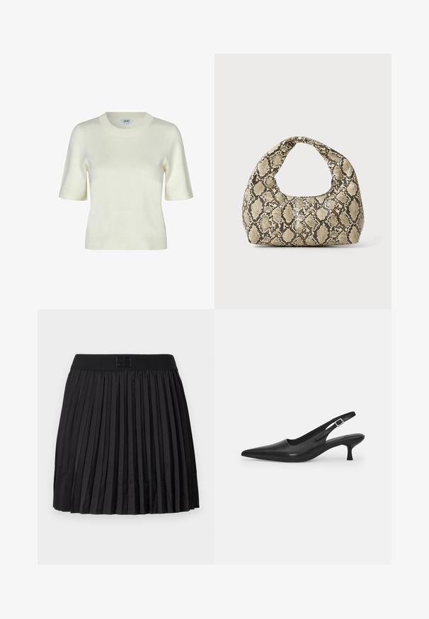 Strickpullover mit kurzen Ärmeln in Off-White, mit einem runden Halsausschnitt und einer glatten, weichen Textur. Einfaches und klassisches Design.; Schwarzer gefälteter Rock mit glatter Textur, ausgestattet mit einem einfarbigen schwarzen Bund und einem eingeprägten Logodetail auf der Vorderseite.; Schwarzer Leder-Slingback-Schuh mit spitzer Zehenform und schmalem, geschwungenem Absatz. Verfügt über einen unauffälligen verstellbaren Riemen mit einer Metallschnalle.; Schlangenmuster-Tasche mit einem gebogenen Griff. Hergestellt aus strukturierten, beige- und braunfarbenen Materialien, die ein markantes Diamantmuster aufweisen.