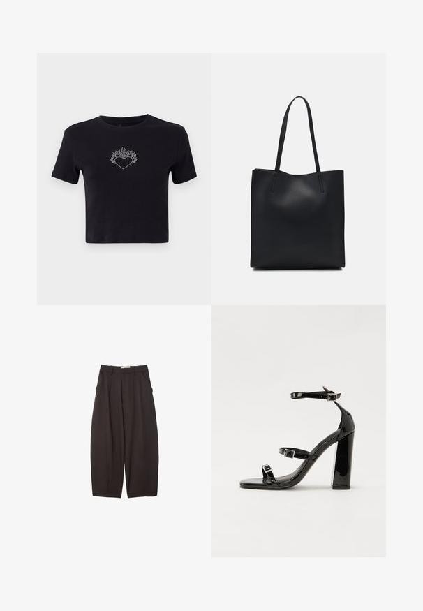 Černé zkrácené tričko vyrobené z bavlny, s designem srdce ze stříbrných kamínků a plameny nad ním, kulatým výstřihem a krátkými rukávy.; Černé široké kalhoty vyrobené z hladkého materiálu, s vysokým pasem, předními sklady a bočními kapsami. Jednoduchý design bez ozdob.; Černé lakované sandály na vysokém podpatku se dvěma pásky se sponami, čtvercovou špičkou a robustním blokovým podpatkem, s hladkou, lesklou texturou.; Černá kožená taška přes rameno s hladkým povrchem, obdélníkovým tvarem a dvěma dlouhými uchy. Žádné viditelné kování ani ozdoby.