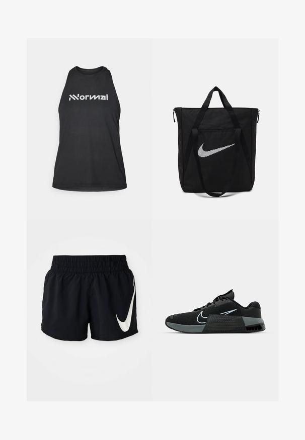 Black athletic tank top with a textured fabric. Features a high neckline and white logo text "Normal" on the front. Sleeveless design.; Black athletic shorts with an elastic waistband, featuring a large white Nike logo on the front and a smooth, lightweight fabric.; Black athletic shoe with mesh upper, grey accents, and textured midsole. Features a prominent logo and lace-up design. Rubber outsole for traction.; Black nylon tote bag with two sturdy handles and zip closure. Features a prominent white Nike swoosh logo in a horizontal striped design.