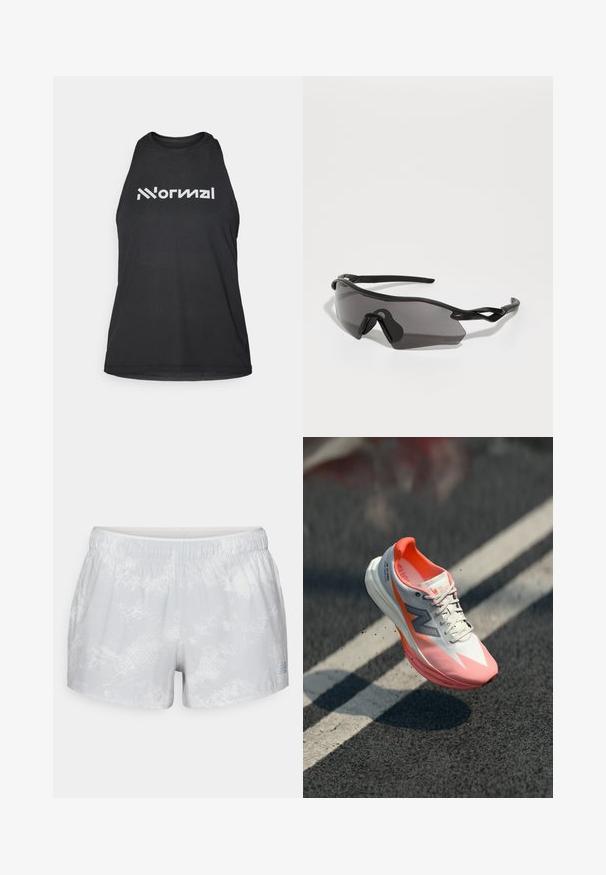 Černý sportovní tílko s texturovanou tkaninou. Vyznačuje se vysokým výstřihem a bílým logem "Normal" na přední straně. Bez rukávů.; New Balance PRINTED SHORT - Sportovní kraťasy - grey matter; Běžecká bota s bílým a růžovým svrškem, s mřížkovou texturou, reflexními detaily a polstrovanou podrážkou. Lehké provedení pro výkon.; Sportovní sluneční brýle s kompletním obvodovým černým plastovým rámem, tmavými tónovanými skly a výrazným úhlovým designem. Flexibilní ušní ramena pro pohodlí.; Černý bandana s bílým textem "Carhartt Detroit" v ozdobném písmu, obklopeným geometrickým vzorem a malými bílými akcenty.