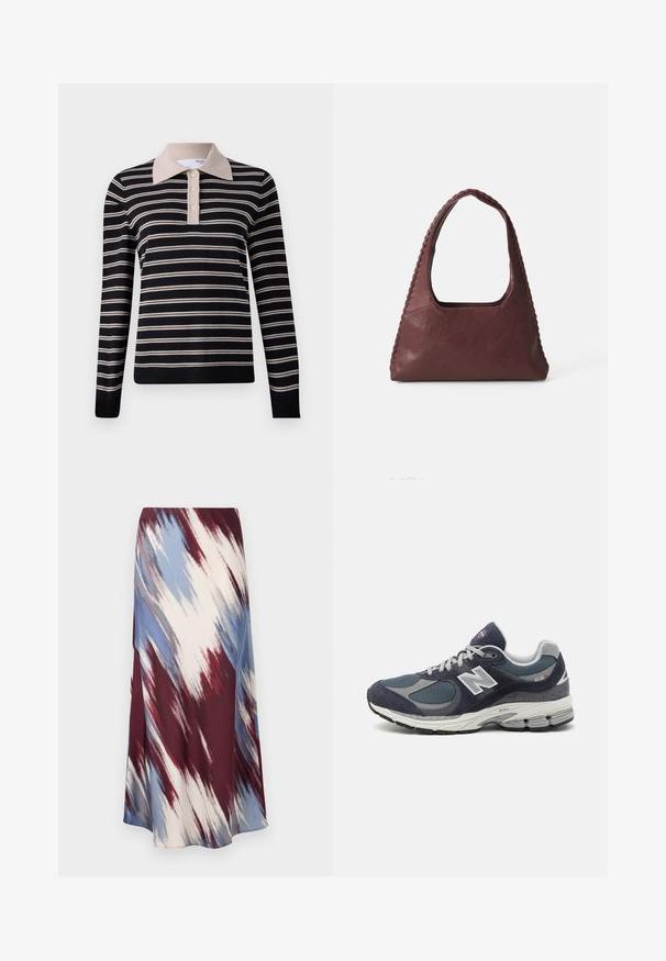 Megztinis su tamsiai mėlynomis ir grietinėlės spalvos horizontaliomis juostelėmis. Yra vientisas grietinėlės spalvos apykaklė ir keturių mygtukų užsegimas. Ilgos rankovės, minkšta tekstūra.; Ilga sijonas su įstrižine tinklelio modeliu, nudažytas bordo, mėlyna ir kreminės spalvos, pagamintas iš minkštos medžiagos su laisva siluete ir nedideliu blizgesiu.; New Balance sportbačiai su tamsiai mėlyna tinkliniu ir veliūro viršumi, pilkomis detalėmis, baltu logotipu, paminkštintu padu ir tekstūruotais akcentais.; Burgundi odinės rankinės trikampio formos, atvira viršuje ir pintas detalės palei rankeną. Lygus paviršius su matinio apdaila.