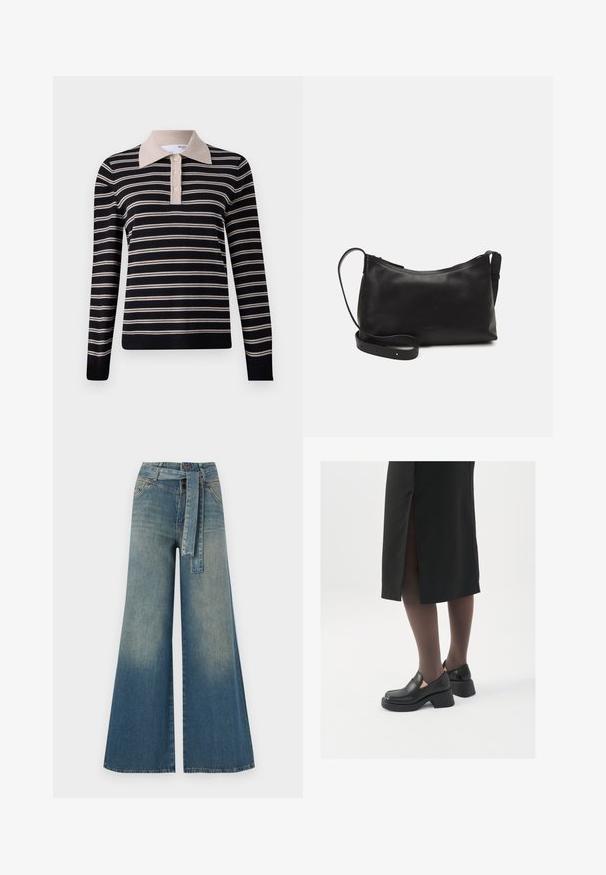Strikket genser med marineblå og kremfargede horisontale striper. Har en ensfarget kremfarget krage og fire knappelukking. Lange ermer, myk tekstur.; Bredde ben jeans med en lyseblå til mørkeblå gradient, høyt liv, beltehemper og et matchende belte i samme stoff. Teksturert denimoverflate.; Sorte lærersko med rund tå, tykk blokkheel og elastiske sideaksenter, sammen med mørke strømpebukser og et svart skjørt med splitt.; Svart skinn skulderveske med glatt tekstur, buet form, justerbar stropp og glidelås. Minimalistisk design uten dekorasjoner.
