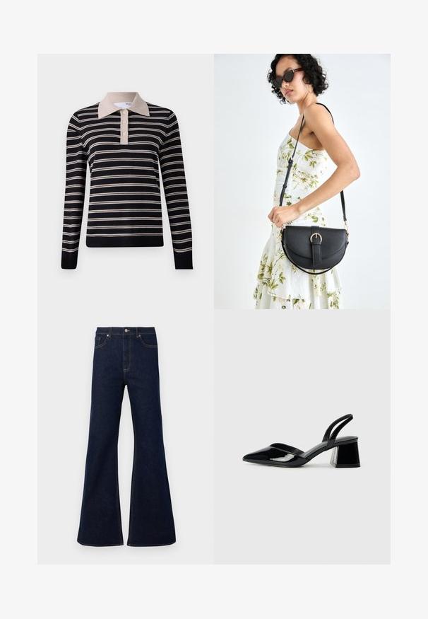 Pletený pulóver s námorníckymi a krémovými horizontálnymi pruhmi. Má pevnú krémovú golier a štyri gombíky na zapínanie. Dlhé rukávy, mäkká textúra.; Tmavomodré rozšírené džíny s vysokým pásom, prednými vreckami a zlatými stehmi. Hladká textúra s tradičným strihom.; Čierne lakované kožené sandálové podpätky s špicatou špičkou a geometrickým blokovým podpätkom. Disponujú elegantným, minimalistickým dizajnom a hladkým povrchom.; Čierna kožená kabelka s zaobleným tvarom, odnímateľným popruhom a zlatými doplnkami. Kabelka má klopu s detailom s prackou.