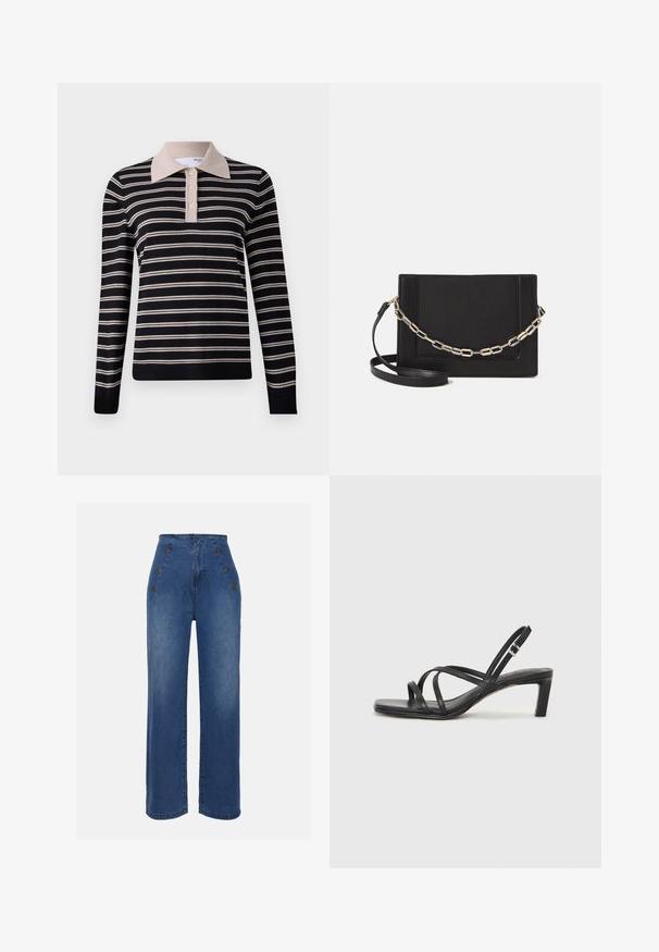 Strikket genser med marineblå og kremfargede horisontale striper. Har en ensfarget kremfarget krage og fire knappelukking. Lange ermer, myk tekstur.; Høyt midje denimjeans i middels blå. Har knappedetaljer foran og bred benstil. Stoffet har en glatt tekstur med lett falming.; Sorte sandaler med stropper, firkantet tå og lav blokk hæl. Har flere tynne stropper og en justerbar ankelstropp. Laget av glatt lær.; Svart lær crossbody-veske med glatt tekstur, rektangulær form og metallkjede detaljer på framsiden. Justerbar stroppe inkludert.