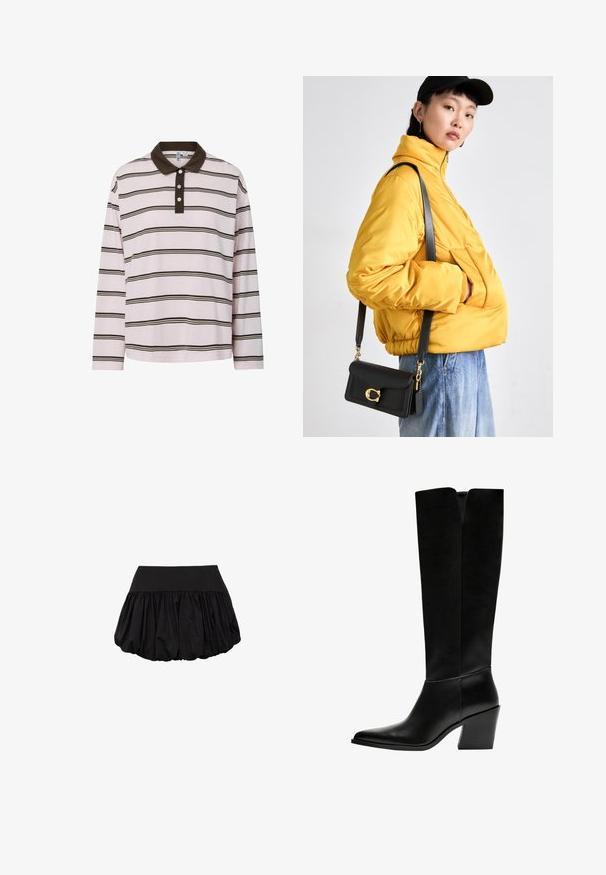 Långärmad polotröja i ljusrosa med bruna horisontella ränder, med en mörkbrun krage och tre knappar fram. Mjuk bomullsmaterial.; Svart minikjol med en strukturerad midja och en voluminös, rynkad design. Tillverkad av lättviktsmaterial, har en smidig textur.; Svarta knästövlar i släthet läder, med spetsig tå, blockklack och ett V-format urtag högst upp.; Gul vadderad jacka med hög krage och framficka, ihop med en svart crossbody-väska med gulddetaljer. Avslappnade denimbyxor.