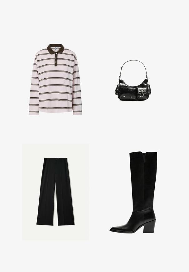 Polo majica dugih rukava u svijetlo ružičastoj boji s smeškim horizontalnim prugama, s tamnosmešim okovratnikom i tri dugmeta. Mekani pamučni materijal.; Bershka WIDE - Hlače - black; Crne čizme do koljena napravljene od glatke kože, s šiljastim vrhom, blok petom i V-oblika izrezom na vrhu.; Crna patentna kožna torba s zakrivljenim oblikom, jednim remenom za rame, prednjim džepovima i akcentima od srebrnog tona.