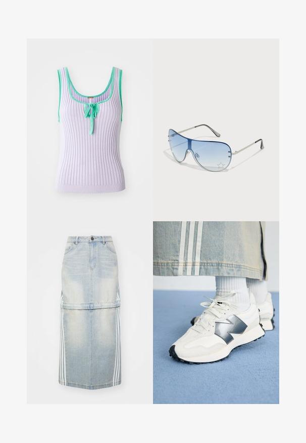 Lavender ribbed tank top with green trim and a central tie detail. Sleeveless design with a fitted silhouette. Soft texture.; Denim midi skirt in light blue, featuring side stripes, a fitted waistband, and front pockets. Distressed texture adds detail.; White athletic sneakers with a silver accent, textured fabric and smooth leather; featuring a black rubber sole and laces.; Aviator sunglasses featuring a gradient blue lens, silver metal frame, and decorative star accents on the lens. Smooth and sleek design.