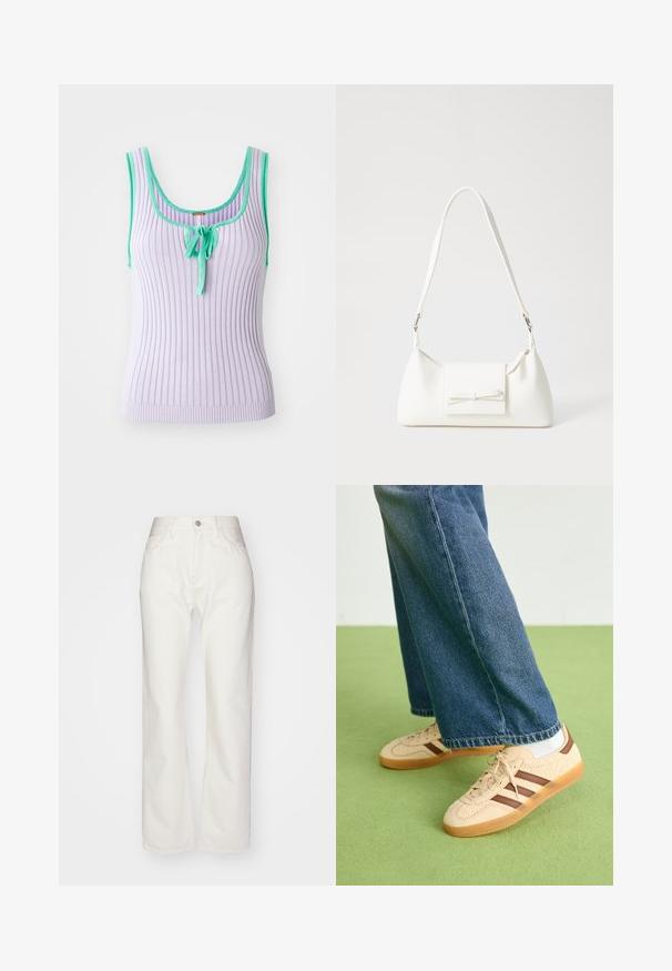 Top fără mâneci, de culoare lavandă, cu dungi și finisaj verde, având un detaliu central cu fundă. Design ajustat, cu o siluetă strânsă. Textură moale.; Pantaloni din denimul alb cu talie înaltă și croială largă. Prezintă un sistem de închidere cu nasture și fermoar, bucle pentru curea și detalii de cusătură subtile.; Tenisi bej cu panouri texturate de culoare crem și dungi maro, asortați cu blugi din denim albastru. Blugii au un croi larg și o margine desfăcută.; Geantă sintetică albă, cu formă triangulară, capac frontal plat și detaliu cu fundă, curea ajustabilă, textură netedă și design minimalist.