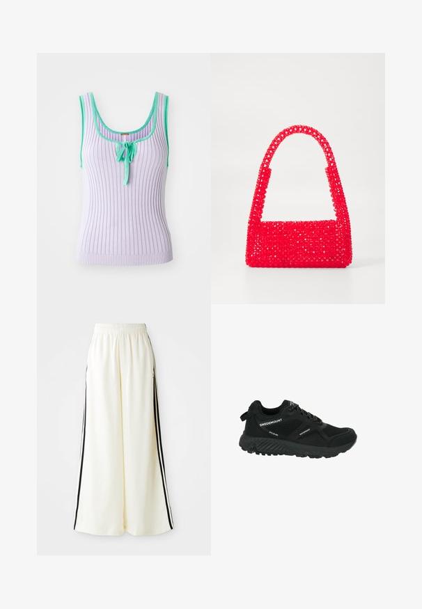 Fioletowy prążkowany top bez rękawów z zielonym wykończeniem i centralnym wiązaniem. Dopasowany krój. Miękka tekstura.; Białe spodnie z szerokimi nogawkami, z elastycznym paskiem w talii i czarnymi pionowymi paskami wzdłuż zewnętrznych szwów.; Czarne, wodoodporne buty turystyczne z siateczkowymi panelami, teksturowaną podeszwą, okrągłym noskiem i odblaskowymi sznurowadłami. Posiadają logo oraz pętelkę na pięcie.; Czerwona torebka wykonana z plastikowych koralików, z kwadratową podstawą i zakrzywionym uchwytem. Powierzchnia ma teksturowane, błyszczące wykończenie z wzorem koralików.