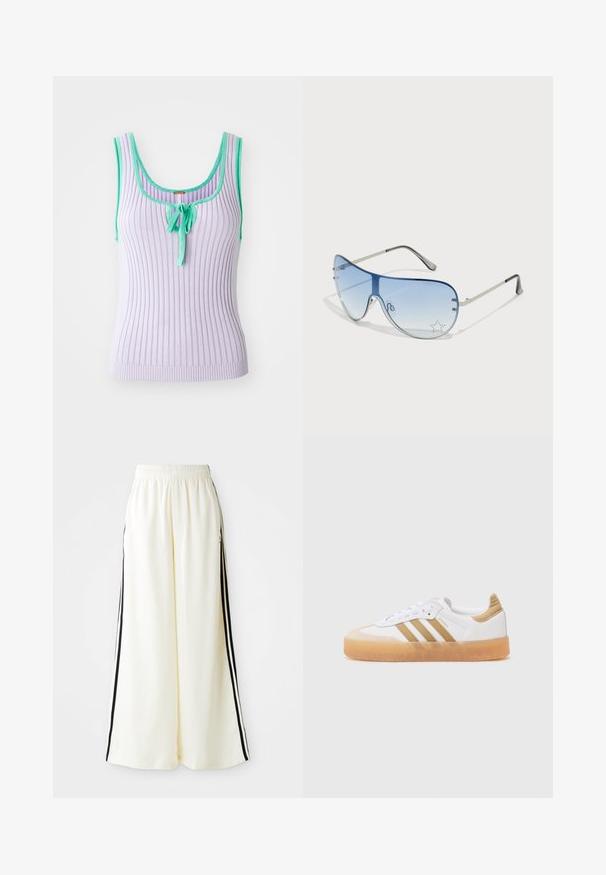 Top de tanque de lavanda com nervuras, com acabamento verde e detalhe central de laço. Design sem mangas com silhueta ajustada. Textura suave.; Calças largas brancas com cintura elástica e riscas verticais pretas ao longo das costuras externas.; Sapatilhas brancas com detalhes bege, apresentando três riscas, bico arredondado e sola de borracha translúcida. Materiais de couro liso e têxtil.; Óculos de sol aviador com lentes azuis em degradê, armação metálica prateada e detalhes decorativos de estrelas nas lentes. Design suave e elegante.