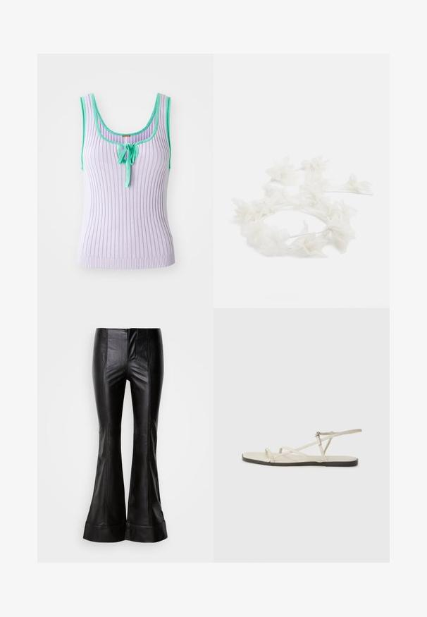 Levendula színű bordázott ujjatlan top zöld díszítéssel és középen megkötős részlettel. Formához simuló szabás. Puha tapintású.; Fekete bőr, harangszárú nadrág sima textúrával, elülső varrás részletekkel és rejtett cipzárral zárt derékrésszel.; Beige lapos szandál, amelyet több vékony pánt díszít, és állítható csattal rendelkezik. A talpa lapos, az élein enyhe sötét kontraszttal.; Fehér szirmokból készült virágfejdísz, vékony, rugalmas pánttal. A szirmok puhák és könnyűek, így finom, rétegzett megjelenést kölcsönöznek.