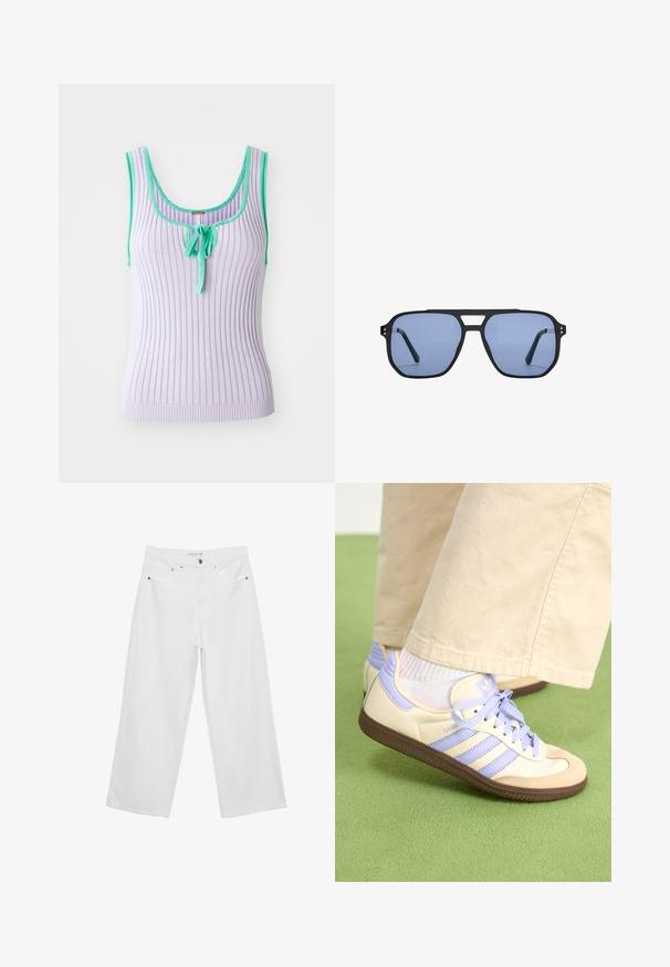 Levanduľový rebrovaný top bez rukávov s zeleným lemovaním a stredovým viazaním. Priliehavý strih s jemnou textúrou.; Biele široké džínsy z denimu s vysokým pásom, vybavené piatimi vreckami a kovovými doplnkami. Hladká textúra, žiadne viditeľné vzory.; Krémovo-fialové tenisky so tromi pruhmi a štruktúrovanou hnedou podrážkou, s šnúrkami a polstrovaným opätkom. Mäkký textilný zvršok.; Stradivarius RETRO - Slnečné okuliare - light blue