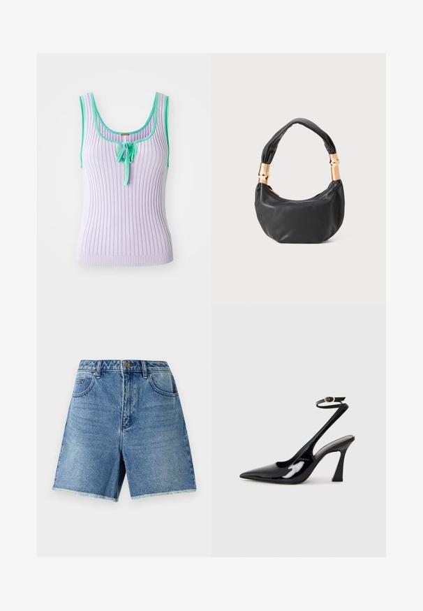 Lavender ribbel tanktop met groene accenten en een centrale strikdetail. Mouwloos ontwerp met een getailleerde pasvorm. Zachte textuur.; Lichte blauwe denimshorts met een hoge taille, knoopsluiting, voorzakken en een rafelige zoom voor een ontspannen fit.; Zwarte gepatenteerde leren slingback pumps met een spitse neus, verstelbare enkelband en een gematigd blokhak. Gladde textuur met een glanzende afwerking.; Zwarte leren handtas met een ronde vorm, zachte textuur en een geknoopt handvat met gouden hardware accenten. Met rits sluiting.
