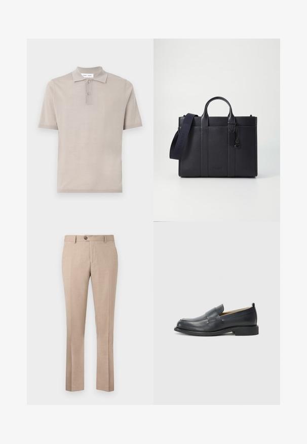 Camisa polo de manga corta en algodón beige claro, con un cuello clásico, tapeta de dos botones y un acabado liso y texturizado.; Pantalones beiges hechos de una tela ligera, con un corte recto, cierre de un solo botón y dos bolsillos frontales.; Mocasines de cuero negro con un acabado suave, suela plana y punta redonda con una correa decorativa a lo largo del zapato.; Maletín de cuero negro marino con dos asas superiores y una correa desmontable. Presenta un acabado texturizado, costura vertical y detalle del logo.