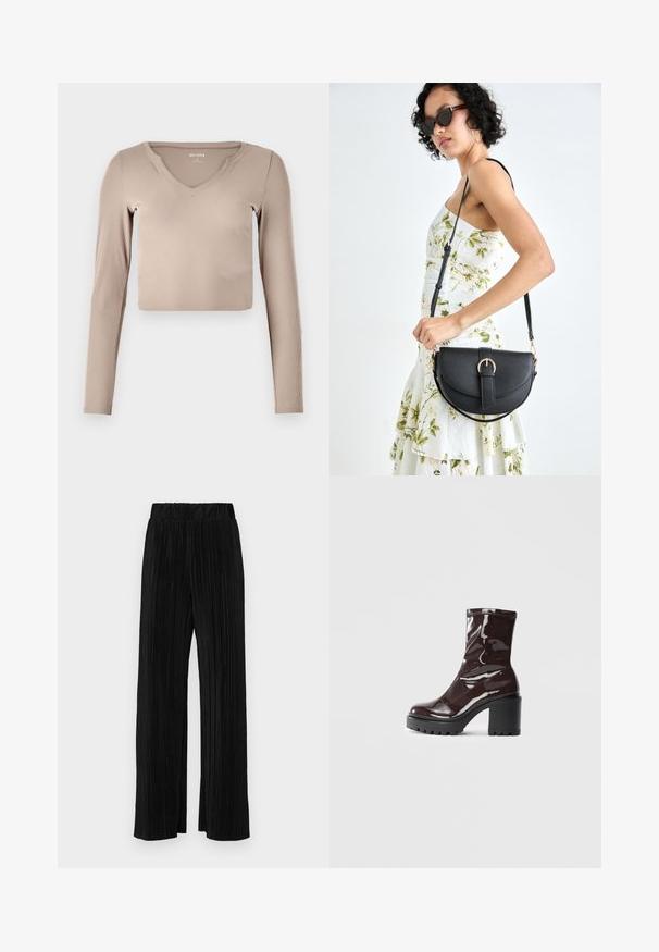 Gara piedurkne, īsā topā gaiši bēšā ribotu audumu ar V veida kakla izgriezumu un minimālām šuvju detaļām uz apkakles.; Melni plīšu bikses ar elastīgu jostu. Tām ir platākas kājas un gluda, teksturēta auduma ar vertikālām svītrām.; Spīdīgas bordo potīšu botītes ar masīlu melnu papēdi, kurām ir gluda tekstūra un vienkāršs dizains. Nav redzamu aizdari vai rakstu.; Melnas ādas rokassoma ar izliekta formu, noņemamu siksnu un zelta aksesuāriem. Somai ir vāciņš ar sprādzes detaļu.