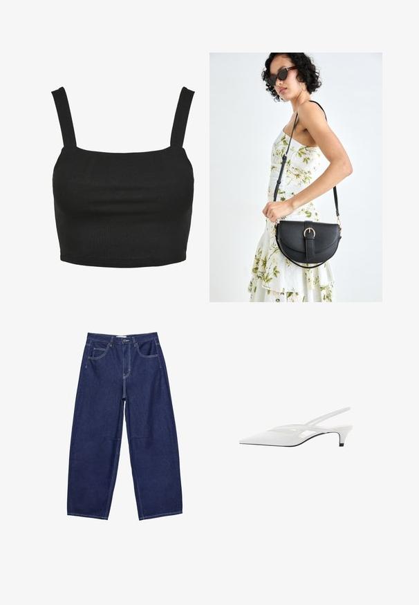 Sort crop top med tynde stropper, lavet af et glat, strækbart stof. Har en firkantet udskæring og en tætsiddende design.; Mørkeblå denim bukser med brede ben og høj talje, fem lommer og kontrasterende hvid syning. Glat tekstur, klassisk design.; Hvide slingback hæle med spids tå, der har en glat overdel, subtile udskæringer og en lav blokhæl. Den sorte sål fremhæver designet.; Sort læderhåndtaske med en buet form, aftagelig rem og guldfinish. Tasken har en klap med en spænde detalje.