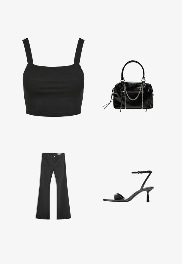 Sort crop top med tynde stropper, lavet af et glat, strækbart stof. Har en firkantet udskæring og en tætsiddende design.; Sorte flared jeans lavet af denim med en glat tekstur, som har to baglommer og en knaplukning i taljen.; Bershka Højhælede sandaletter / Højhælede sandaler - black; Bershka WITH CHAIN - Håndtasker - black
