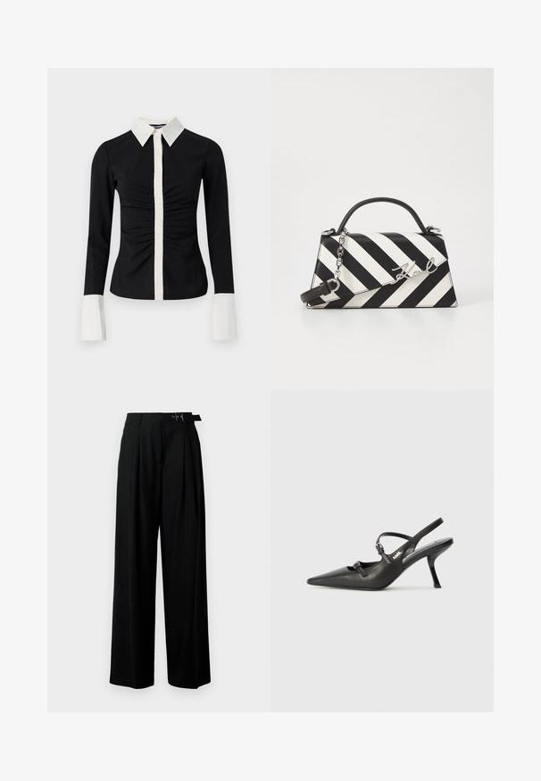 Svart langermet skjorte med hvit krage og pløse. Har rynket front og kontrasterende hvite mansjetter, laget av glatt stoff.; Svarte vide bukser med høy livlinje, folder foran og belte med spenne. Laget av glatt, lett materiale.; Sorte skinn slingback-hæler med spiss tå, slank hæl og dekorativ spenne detalj på vampsiden. Glatt tekstur og stilrent design.; Svart- og hvitstripet håndveske med en strukturert form, som har et topphåndtak, en avtakbar kjedestropp, og metallisk logo-akcent.