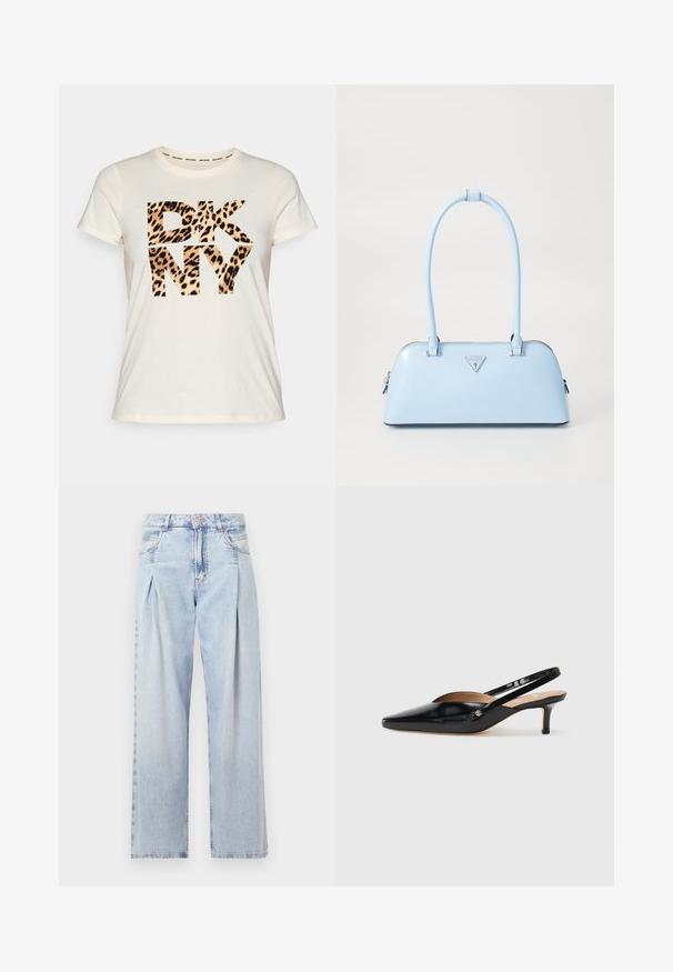 Kreem lühikeste varrukatega T-särk, millel on esiküljel eristuv ja stiliseeritud musta ja leopardimustriga "DKNY" graafika. Pehme kangas; vabaaja disain.; Heledad sinise denimist valmistatud teksapüksid kõrge vöökohaga, laia jala lõikega, kahe külje taskuga ja pleedi disainiga. Pehme tekstuur ja pleekinud viimistlus.; Must mustaalk naha Slingback-kingad terava varba, väikese kontsaga ja lõikega kujundusega ülevalt. Kuldse tooni detail küljel.; Hele helesinine käekott, millel on struktureeritud kuju, sile nahk, kaks käepidet ja kolmnurkne brändi logo esiküljel. Lukuga sulgemine.