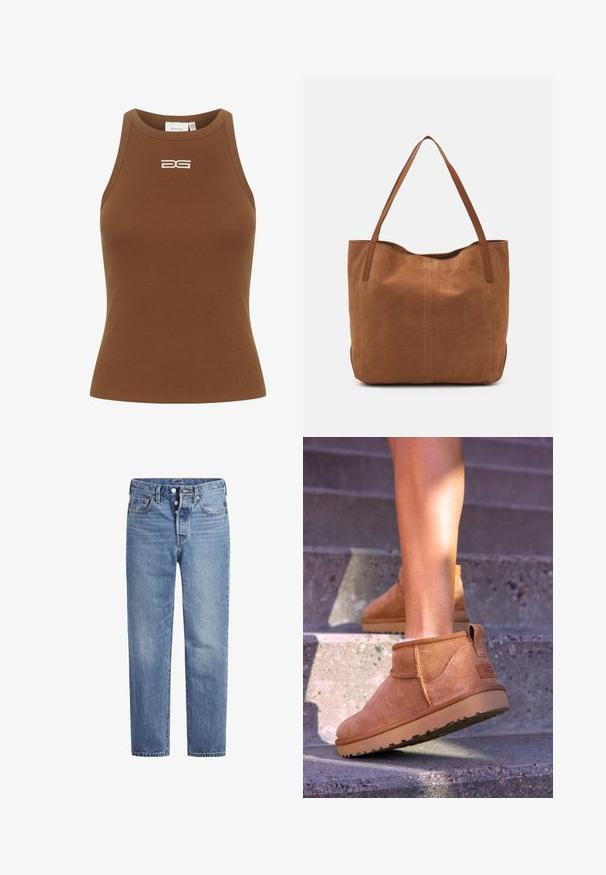 Gestuz DREW LOGO TANK - Felső - sorrel horse; Világoskék farmernadrág egyenes szabással, öt zsebes dizájnnal és gombos nyereggel. Finom kopásokkal és narancssárga varrási részletekkel rendelkezik.; Barna nubuk bokacsizmák, puha textúrával, varrott részletekkel és gumitalpakkal, hurok alakú sarokkal a könnyű felvétel érdekében.; Barna velúr táska két hosszú fogantyúval, sima textúrával, egyszerű dizájnnal, és látható fém részek vagy díszítés nélkül.