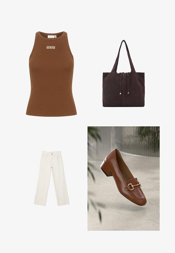 Gestuz DREW LOGO TANK - Top - sorrel horse; Biele široké rifle vyrobené z denimu, s vysokým pásom, prednými vreckami a zapínaním na gombík. Čistý dizajn s minimálnymi akcentmi.; Hnedé lakované kožené loafers s hranatou špičkou, kovovým reťazovým akcentom a nízkym blokovým podpätkom; hladká textúra, minimalistický dizajn.; Mango Veľká kabelka - dark brown