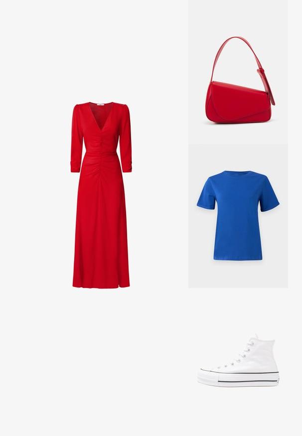 Zila kokvilnas t-kreklu ar apaļu kakla izgriezumu, īsām piedurknēm un sarullētām aprocēm. Gluda tekstūra, taisna apakšmala un bez redzamām rakstām vai rotājumiem.; Sarkana kleita ar V veida kakla izgriezumu, trīs ceturtdaļu piedurknēm un ruched detaļām viduklī un mugurā. Audums izskatās gluds un viegls.; Balti augstie kanvas sporta apavi ar melnu gumijas zoli, priekšējo gumijas purngalu un sešām acīm lencēm, kuriem ir tīrs, minimālistisks dizains.; Sarkans ādas rokassomi ar stūrainu, ģeometrisku dizainu. Iekļauj vienu regulējamu siksnu un vāku ar izšūtu detaļu.