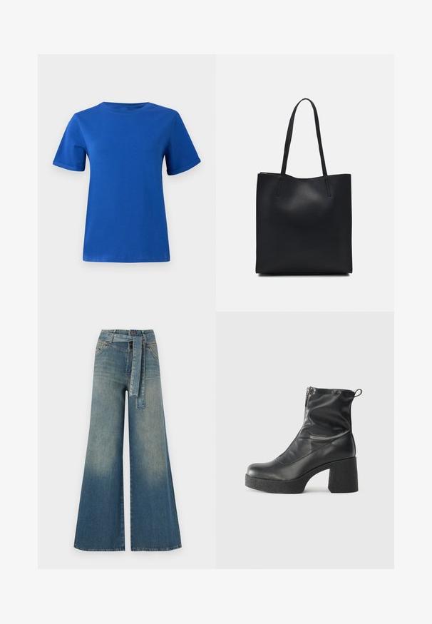 Kék pamut póló kerek nyakkal, rövid ujjakkal és felgöngyölt mandzsettával. Simaszerű textúra, egyenes szegély és semmilyen látható minta vagy díszítés nincs rajta.; Bőszárú farmernadrág, világos és sötétkék árnyalatokkal, magas derekú, övgyűrűkkel és a nadrággal megegyező anyagú övvel. Textúrált farmer kivitel.; Fekete bokacsizmák sima bőrből, oldalsó cipzárral, vastag, texturált sarkú és lekerekített orrú dizájnnal.; Fekete bőrtáska sima felszínnel, téglalap alakú, két hosszú füllel. Nincs látható fémkiegészítő vagy díszítés.