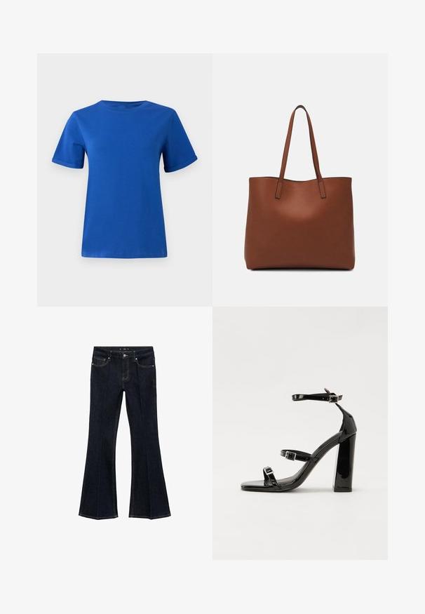 Modra bombažna majica s krožno ovratnikom, kratkimi rokavi in zavihanimi robovi. Gladka tekstura, ravno dno in brez vidnih vzorcev ali okrasitev.; Temno modri kavbojke z višjim pasom, sprednjimi žepi in širokimi boki, prikazane na ravni beli podlagi.; Črne lakaste sandale z visokimi petami, z dvema trakovoma z zaponkama, kvadratnim sprednjim delom in masivno širšo peto, z gladko, sijočo teksturo.; Rjava usnjena torba z gladko teksturo, odprto zasnovo zgoraj in dvema naramnima trakovoma. Opremljena je z minimalnim šivanjem in brez vidnih kovinskih delov.