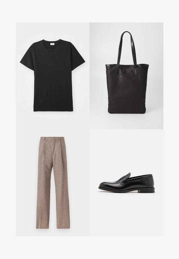 Tricou negru cu mânecă scurtă și decolteu rotund, realizat dintr-un material de bumbac neted. Design simplu, fără modele sau accente.; Pantaloni bej, cu talie înaltă, dintr-un material texturat. Prezintă picioare late și două pliseuri frontale pentru structură. Finisaj îngrijit, fără accesorii vizibile.; Mocasini din piele neagră cu o textură netedă, vârf rotund și o curea decorativă peste partea superioară. Toc mic, design minimalist.; Geantă de umăr din pânză neagră cu mânere din piele neagră. Design simplu, corp spațios și textură netedă. Fără logo-uri sau modele vizibile.