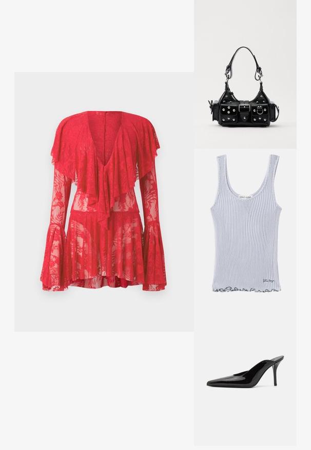 Geribbelde tanktop in lichtgrijs met een ronde halslijn, dunne schouderbanden en een geschulpte zoom. Bevat merklogo aan de zoom.; Rode kanten jurk met lange uitlopende mouwen, een diepe V-hals, gelaagde ruffles en bloemenpatronen. De sheer textuur versterkt het ontwerp.; Zwarte gepatineerde leren hoge hak muiltjes met een spitse neus en een slanke silhouet, met een open achterkant en een slanke stilettohak.; Zwarte lederen handtas met een gebogen ontwerp, voorzien van zilveren studs, een gesp en twee zijvakken. Verstelbare schouderband voor verschillende draagmogelijkheden.