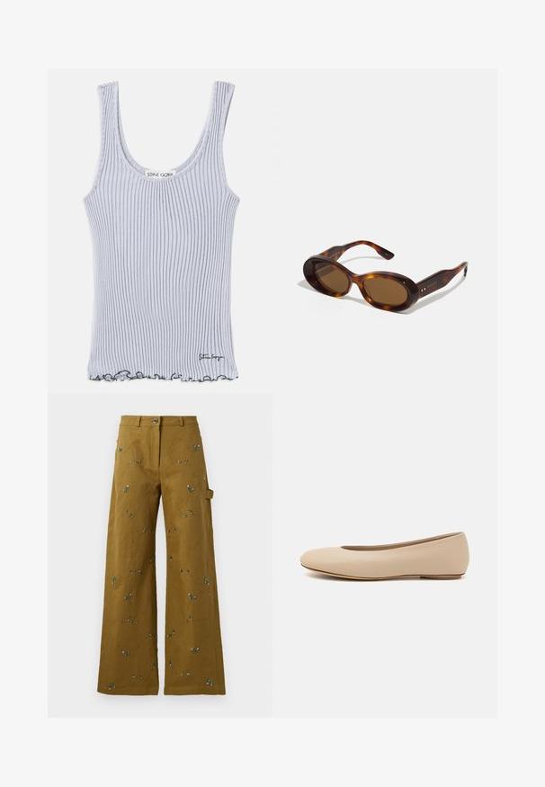 Ribbed tank top in light gray with a rounded neckline, thin shoulder straps, and a scalloped hem. Features branding at the hem.; Wide-leg pants in olive green fabric with floral embroidery. Features a button closure and side pocket. Textured stitching detail throughout.; Beige leather ballet flat with rounded toe, minimal seam detailing, low heel, and subtle logo on the back. Smooth, matte texture.; Tortoiseshell sunglasses with oval lenses, brown tint, and gold accents on the arms. Thick frames with a glossy finish and smooth texture.