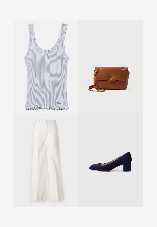 Reberastani top v svetlo sivi barvi z zaobljenim ovratnikom, tankimi naramnicami in volanastim robom. Na robu je predstavljeno blagovno znamko.; Bele široke hlače iz bombaža z gladko teksturo. Imajo gumb spredaj, zadrgo in zasnovo z štirimi žepi.; Temno modri nubuk čevlji s koničastim nosom in srednje visokim blokom. Gladka tekstura z diskretnim sijajem in majhnim izrezom spredaj.; Rjava usnjena torba čez ramo s pokrovom, zlatim okovjem in verižnim trakom. Gladka tekstura, pravokotna oblika, minimalno podrobnosti.