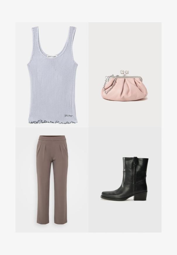 Canotta a costine di colore grigio chiaro con scollatura rotonda, spalline sottili e orlo ondulato. Presenta un logo all'orlo.; Pantaloni taupe a vestibilità ampia con elastico in vita e pieghe frontali, realizzati in tessuto morbido.; Stivale ankle in pelle nera con punta arrotondata, tacco a blocco, cerniera laterale e dettagli in cucitura sulla tomaia. Texture liscia, design classico.; Borsa a mano in pelle rosa con design arricciato, telaio in metallo, due chiusure rotonde e tracolla in catena argentata. Texture liscia, forma compatta.