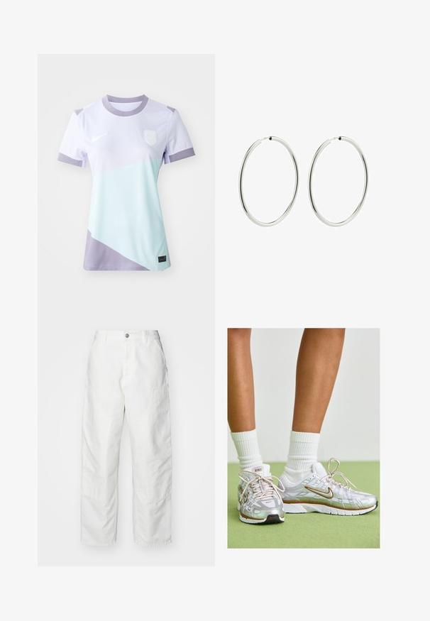 Koszulka Nike z krótkim rękawem, w jasnofioletowym i miętowozielonym kolorze, z okrągłym dekoltem i haftowanym logo.; Białe spodnie cargo wykonane z denimu, o luźnym kroju, z bocznymi kieszeniami i widocznymi detalami szwów. Gładki przód z zapięciem na guzik.; Srebrne buty sportowe z białymi i złotymi akcentami, z siateczkową cholewką, gumową podeszwą i odblaskowym wykończeniem. Skarpetki widoczne ponad kostką.; Srebrne kolczyki w kształcie kół z gładkim, wypolerowanym wykończeniem. Okrągły kształt, jednolita szerokość, zaprojektowane z myślą o łatwym zapięciu. Proste i eleganckie.