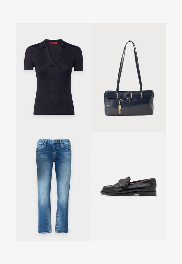 Dunkelblaues kurzärmliges Rippoberteil mit V-Ausschnitt und Kragen. Verfügt über eine taillierte Form und eine glatte Textur. Rotes Markenlabel ist am Hals sichtbar.; Hellblaue Jeans aus Denim mit geradem Bein, subtiler Ausbleichung und mittelhoher Taille. Verfügt über fünf Taschen und Gürtelschlaufen.; Schwarze Lederloafers mit einem gestickten Muster, glatter Textur, goldenen Schnallendetails und einer runden Zehenform, auf einer niedrigen schwarzen Sohle.; Marineblaue Lederhandtasche mit zwei langen Griffen, einer Schnallen-Detailierung und einem daran befestigten Schlüsselanhänger. Besitzt eine glatte Textur und eine rechteckige Form.