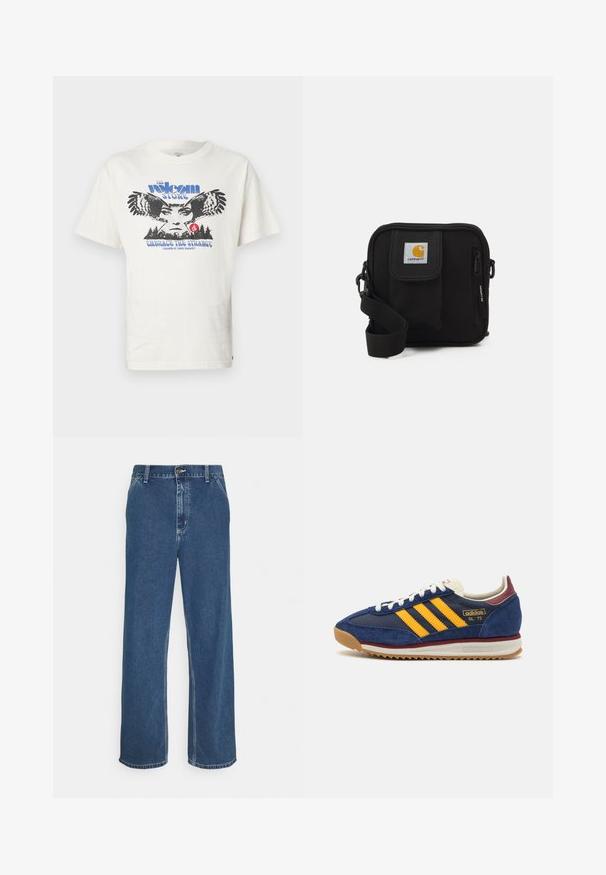 White cotton t-shirt featuring a front graphic with an owl, text "The Volcom Stone" in blue, and "Embrace the Strange" in blue below.; Blue denim jeans with a straight cut, five-pocket design, metal button closure, and visible stitching along seams and hem.; Navy suede sneaker with yellow stripes, white laces, and burgundy accents. Textured sole with grooves for traction. Brand logo on side.; Black crossbody bag with a zippered main compartment, front pocket, adjustable strap, and a visible logo patch on the flap.