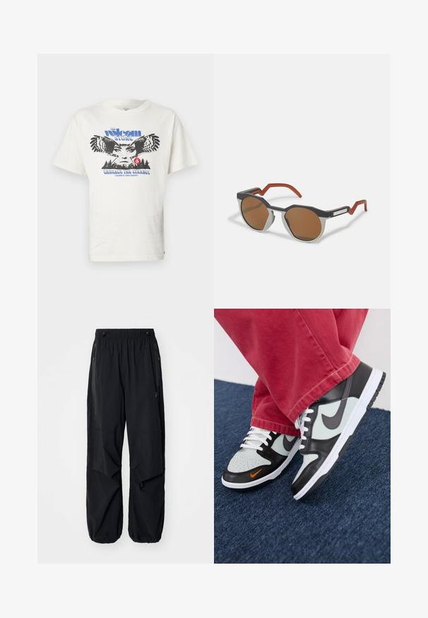 Bijela pamučna majica s grafikom s prednje strane koja prikazuje sova, tekst "The Volcom Stone" u plavoj boji, i "Embrace the Strange" u plavoj boji ispod.; Crne lagane cargo hlače s elastičnom trakom u struku, bočnim patentnim zatvaračima i prostranim džepovima. Odlikuje ih širok kroj i suženi manžeti.; Nike Sportswear NIKE DUNK LOW UNISEX - Tenisice - black/med ash/light silver/bright mandarin/summit white/white; Naočale za sunce s kutnom crno-bijelom okviru, smešnim staklima, i crvenim kremastim drškama u obliku zig-zaga. Imaju odvažan geometrijski dizajn.