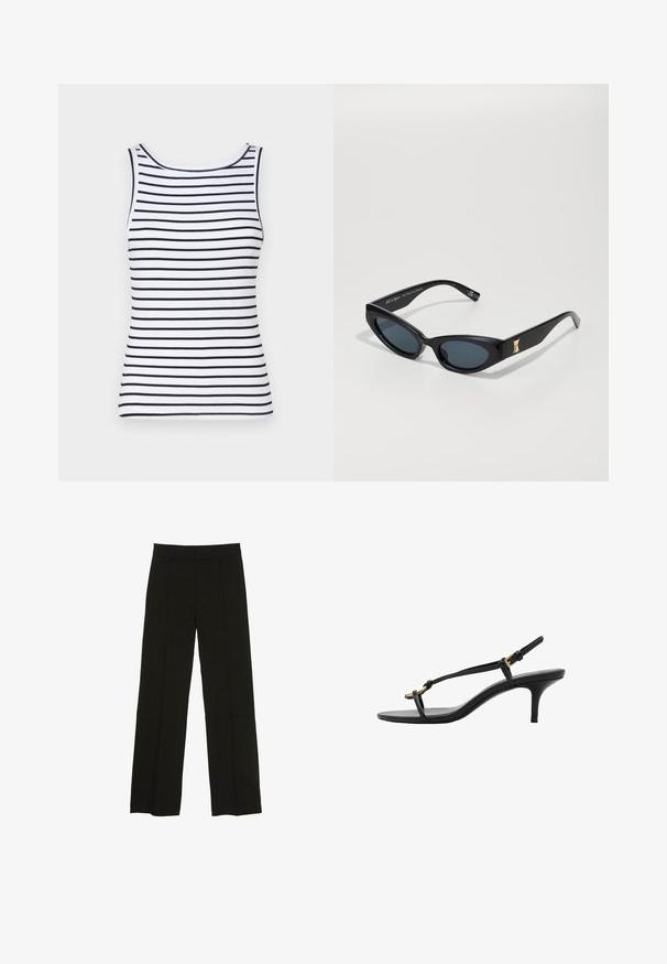 Vit ärmklänning med svarta horisontella ränder, med rund halsringning, ribbad textur och fitted silhuett. Inga dekorationer eller accenter.; Svarta vida byxor tillverkade av ett mjukt tyg, med en åtsittande midja och subtila framveck för en extra textur.; Svart lädersandal med kitten heel, tunna remmar, guldspänne och minimalistisk tåloop på en vit bakgrund.; Svarta solglasögon med en strömlinjeformad, vinkelrak design. De har mörka linser, en glänsande yta och en guldaccent på bågen.; Svart läderhandväska med slät textur, strukturerad design, dubbla handtag och en silverfärgad låsdetalj i mitten.