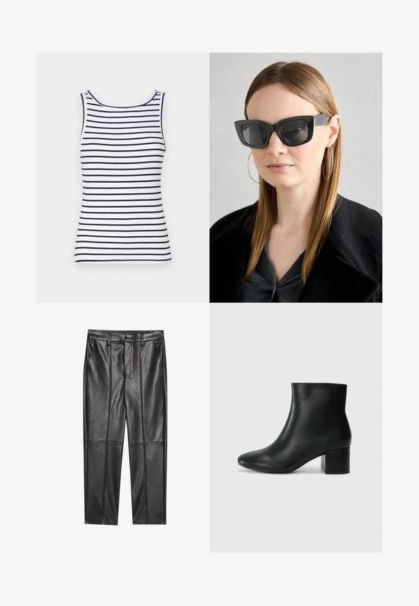 White tank top with black horizontal stripes, featuring a round neckline, ribbed texture, and fitted silhouette. No embellishments or accents.; Black leather trousers with a smooth texture, featuring a straight fit, two front pockets, and visible seam detailing.; Black leather ankle boots with a pointed toe and a chunky heel. Smooth texture with minimal accents and a sleek, fitted design.; Black cat-eye sunglasses with dark lenses, thick frames, and subtle accents. Worn with a black coat and gray top, featuring long straight hair.