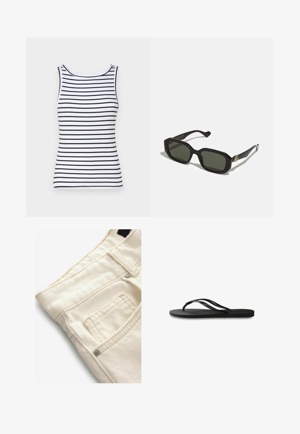 Witte tanktop met zwarte horizontale strepen, met een ronde halslijn, geribbelde textuur en aansluitende silhouet. Geen versieringen of accenten.; Crème-kleurige spijkerbroek met een gestructureerd oppervlak, voorzien van een klein voorvak en contrasterende stiksels. Ideaal voor casual wear.; Zwarte flip-flop met een gestructureerde rubberen zool, twee slanke banden en een subtiele, ingedrukte logo-detail op de band.; Zwarte rechthoekige zonnebril met effen groene lenzen, met een glanzende afwerking en een gouden logoaccent aan de zijkant.; Zwarte leren handtas met een gestructureerde rechthoekige vorm. Voorzien van een gouden ovale sluiting en een dunne schouderband. Glad van textuur.