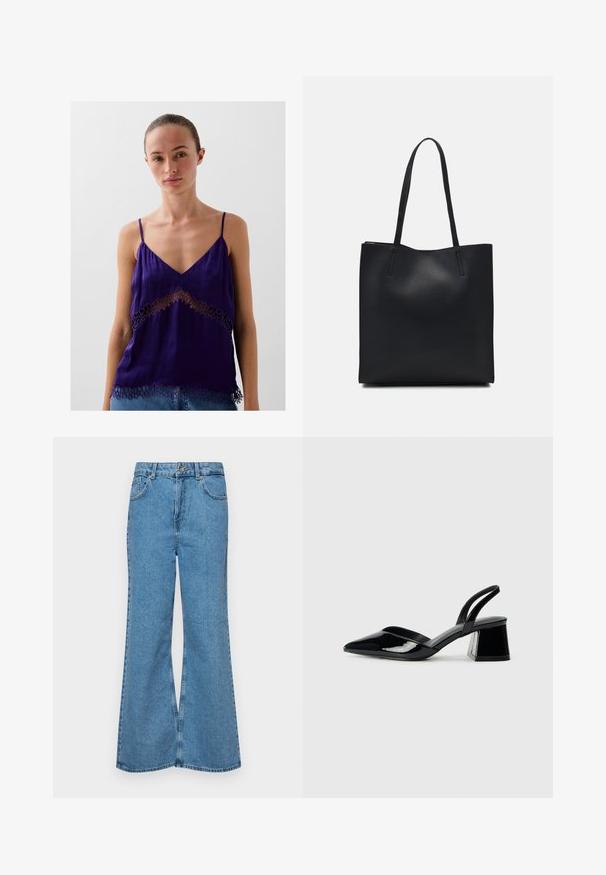 Paarse zijde camisole met dunne bandjes, voorzien van een V-hals en bloemachtige kant uitsneden langs de zoom en het midden.; Lichtblauwe flared jeans van denim, met een hoge taille, vijf zakken en een enkele knoopsluiting. Zachte textuur met een vervaagde afwerking.; Zwarte gepatineerde leren slingback hakken met een spitse neus en een geometrische blokhak. Kenmerkt zich door een slank, minimalistisch ontwerp en een gladde textuur.; Zwarte leren handtas met een gladde textuur, rechthoekige vorm en twee lange handvaten. Geen zichtbare hardware of versieringen.