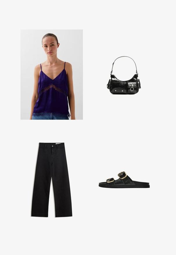 Fialová hedvábná košilka s tenkými ramínky, s výstřihem do V a květinovými krajkovými detaily podél lemu a střední části.; Černé denimové kalhoty s volným střihem a vysokým pasem, vybavené předními a zadními kapsami, prošívanými švy a knoflíkovým zapínáním. Hladká textura.; Černé kluzné sandály s dvěma zlatými sponami, hladkým texturovaným materiálem, plochou podrážkou a minimalistickým designem.; Černá lakovaná kožená kabelka s křivkovým tvarem, jedním ramenním popruhem, předními kapsami a stříbrnými kovovými detaily.