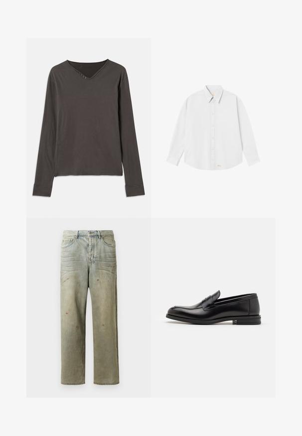 Halenka s dlouhým rukávem v tmavě šedé barvě, se vsadkovým výstřihem a čtyřmi knoflíky. Měkká tkanina s volným střihem a šitými manžetami.; Bílá košile na knoflíky s klasickým límcem, dlouhými rukávy a zaobleným lemem; na dolní levé straně je malá oranžová značka.; Odstřižené džíny v světle zelené barvě, se rovnými nohavicemi, pěti kapsami a nerovnoměrným vyblednutím s barevnými skvrnami.; Černé kožené polobotky s hladkou texturou, zaoblenou špičkou a zdobným páskem přes nárt. Nízký stohovaný podpatek, minimalistický design.