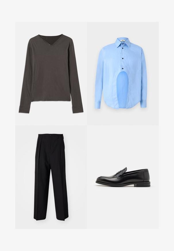 Long-sleeve top in dark gray, featuring a V-neckline and four-button placket. Soft fabric with a relaxed fit and stitched cuffs.; Light blue long-sleeve shirt with a pointed collar, black buttons, and a unique cutout in the front for distinctive design.; Black pleated trousers with a straight, wide-leg design. Made from smooth fabric, featuring a button closure and belt loops.; Black leather loafers with a smooth texture, rounded toe, and a decorative strap across the vamp. Low stacked heel, minimalist design.