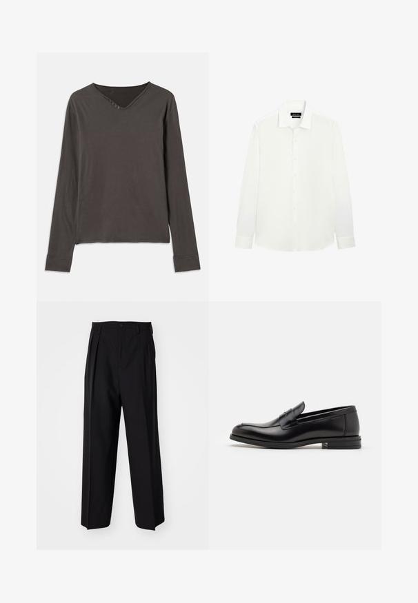 Długi rękaw w ciemnoszarym kolorze, z dekoltem w kształcie litery V i zapięciem na cztery guziki. Miękka tkanina z luźnym krojem i szytymi mankietami.; Biała koszula z długimi rękawami, z klasycznym kołnierzykiem, zapięciem na guziki i dopasowanymi mankietami. Gładki materiał o delikatnym połysku. Metka widoczna przy dekolcie.; Czarne plisowane spodnie o prostym, szerokim kroju nogawek. Wykonane z gładkiego materiału, z zapięciem na guzik i pętelkami na pasek.; Czarne skórzane mokasyny o gładkiej fakturze, zaokrąglonym nosku i dekoracyjnym pasku na przodzie. Niski, warstwowy obcas, minimalistyczny design.