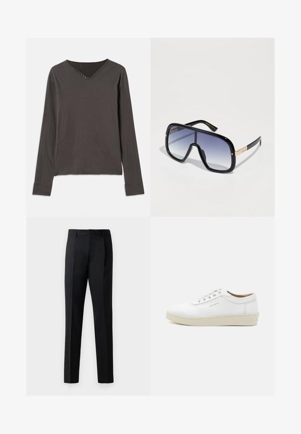 Pitkähihaista paita tummanharmaana, jossa V-kaula-aukko ja neljän napin listä. Pehmeä kangas rentoa istuvuutta varten ja ommellut hihansuut.; Mustat viralliset housut, jotka on valmistettu sileästä kankaasta, suoranlahkeiset, etupleiteillä varustetut ja tavanomainen vyötärö ilman koristeita.; Valkoiset nahkakengät, joissa on teksturoitu pinta, pyöreä kärki, beigen värinen kumipohja ja kuusi harmaata nauhakujaa, joissa on huomaamaton brändäys sivussa.; Ylihuomattavat mustat aurinkolasit, joissa on liukuväri violetti linssi, kiiltävä pinta ja kultaiset yksityiskohdat temppeleissä. Suorakaiteen muotoinen kehys.