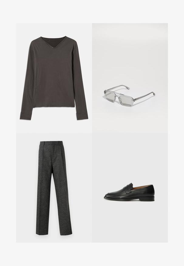Tumši pelēkas krāsas garām piedurknēm topiņš ar V veida dekoltē un četru pogu aizdari. Mīksta auduma, brīvā piegriezuma un ar šūtiem aprocēm.; Pelēki piegriezti bikses, izgatavotas no tekstūras auduma, ar diviem priekšējiem krokām un taisnu kāju dizainu. Nav redzamu kabatu vai rotājumu.; Melnas ādas loafers ar noapaļotu purngala formu, smalku izšuvumu un zemu papēdi, piedāvājot gludu tekstūru un minimālistisku dizainu.; Emporio Armani Saulesbrilles - shiny transparent grey