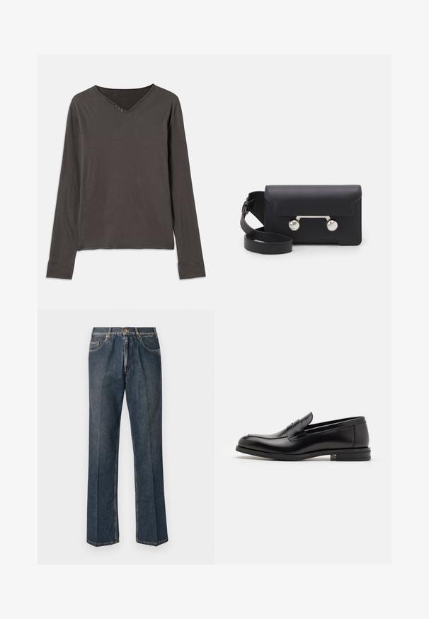 Long-sleeve top in dark gray, featuring a V-neckline and four-button placket. Soft fabric with a relaxed fit and stitched cuffs.; Dark blue straight-leg denim jeans with front button, zip fly, double front pockets, and visible vertical creases down the legs.; Black leather loafers with a smooth texture, rounded toe, and a decorative strap across the vamp. Low stacked heel, minimalist design.; Black leather crossbody bag with a flap closure, silver-tone hardware, and two round accents. Features a detachable strap. Smooth texture.